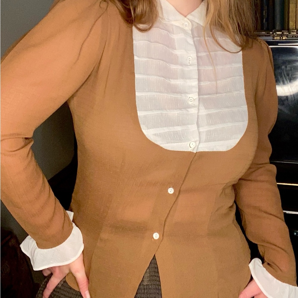 Pre-Loved Vintage Early 80s Women's Brown and White Blouse
